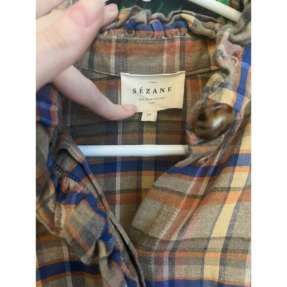 Sezane Coline Shirt Folk Check Print Size French 34 US 2 Western Ruffle Plaid - Picture 7 of 11